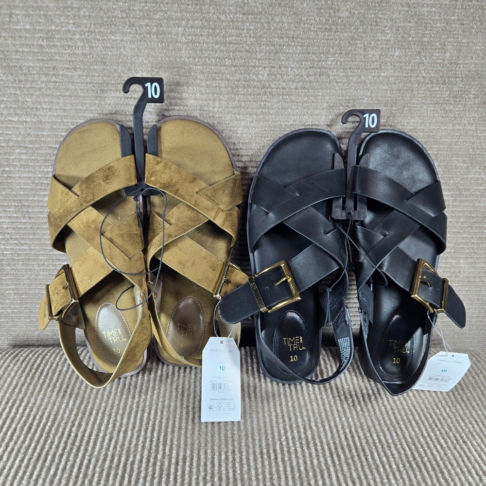 Time and Tru Women 10 Olive Black X-Band Buckle Memory Foam Sandals Bundle